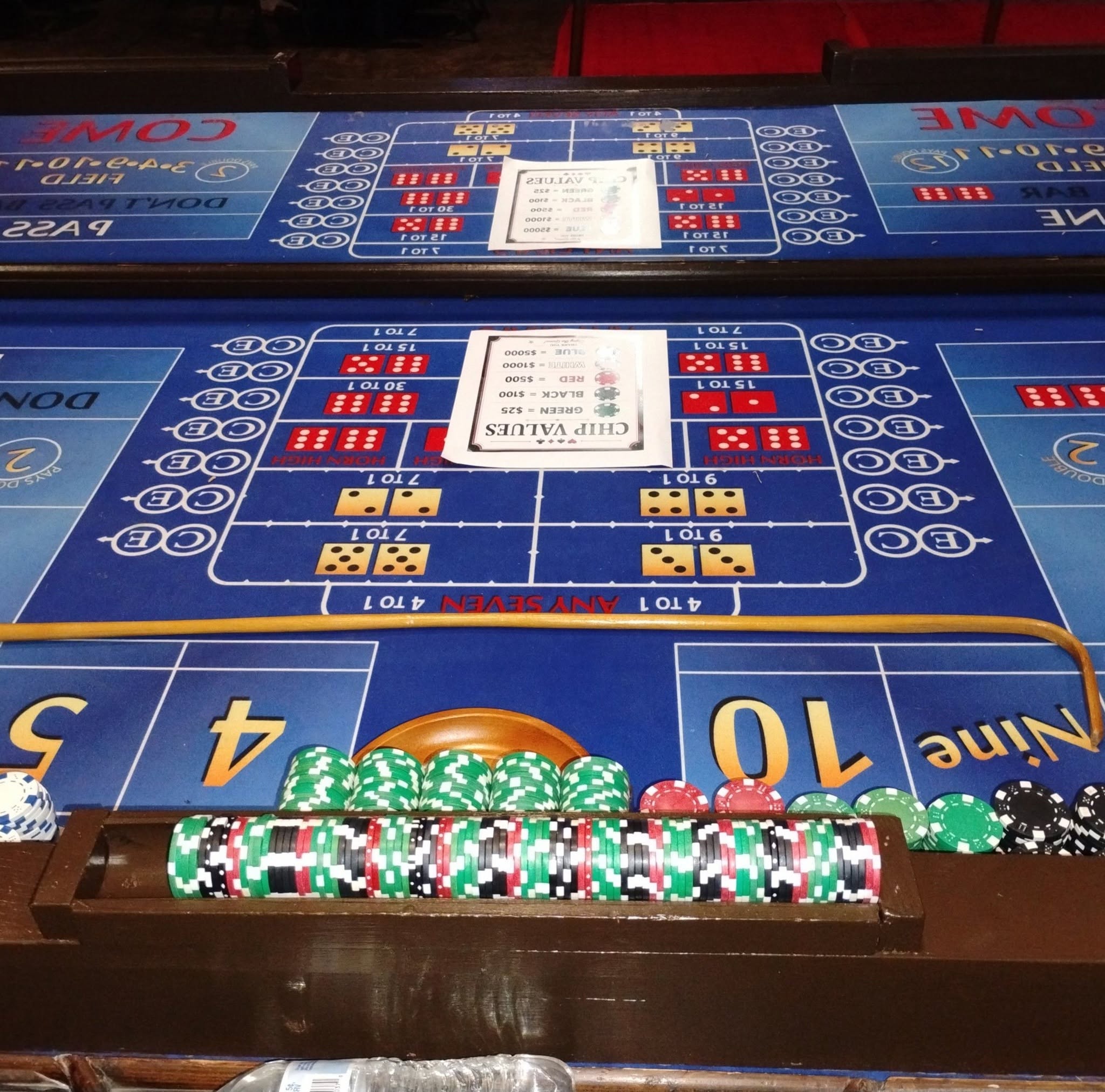 Craps table close-up with chips and dice layout